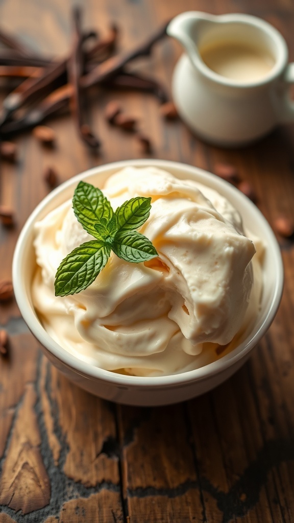 Classic Vanilla Gelato Recipe A bowl of vanilla gelato garnished with mint on a rustic table with vanilla beans and cream.